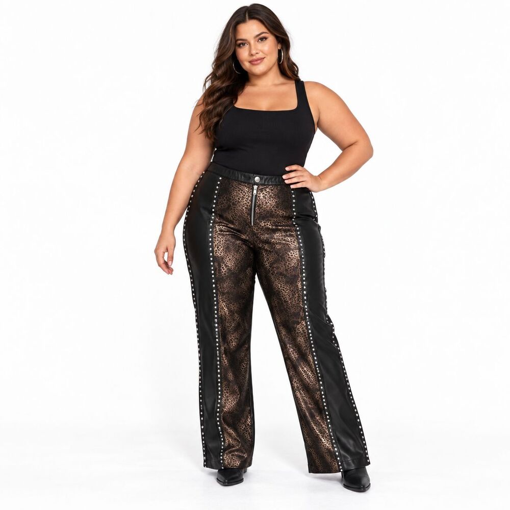 ROMWE Women's 2XL Y2K leopard Studded Faux Leather Pants NWT